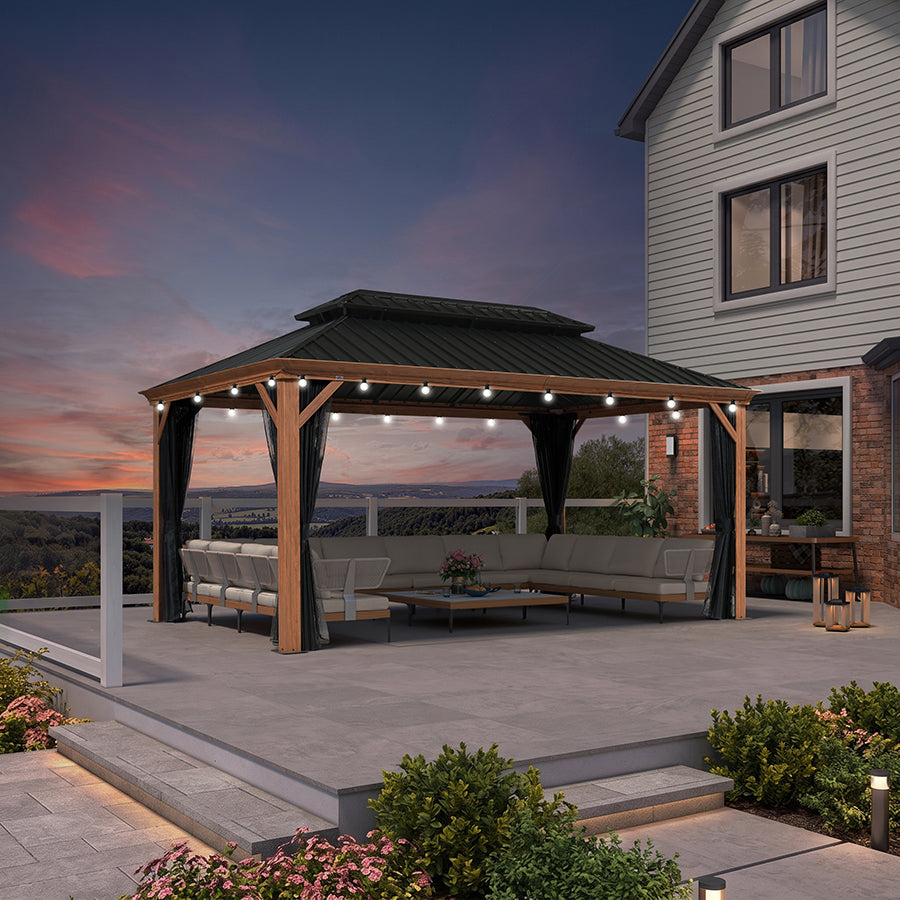PURPLE LEAF – Pavillon à toit rigide pour terrasse, structure en aluminium effet bois avec guirlande lumineuse – milky