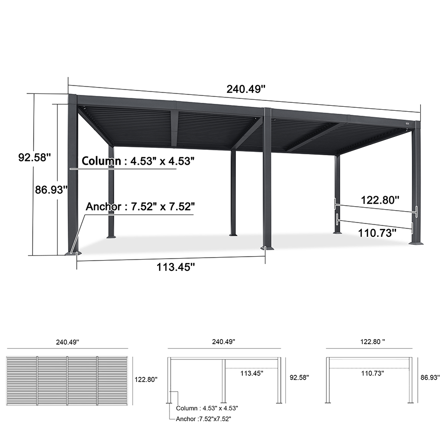 PURPLE LEAF Caesar – Pergola extérieure à lames orientables avec toit rigide réglable, gris