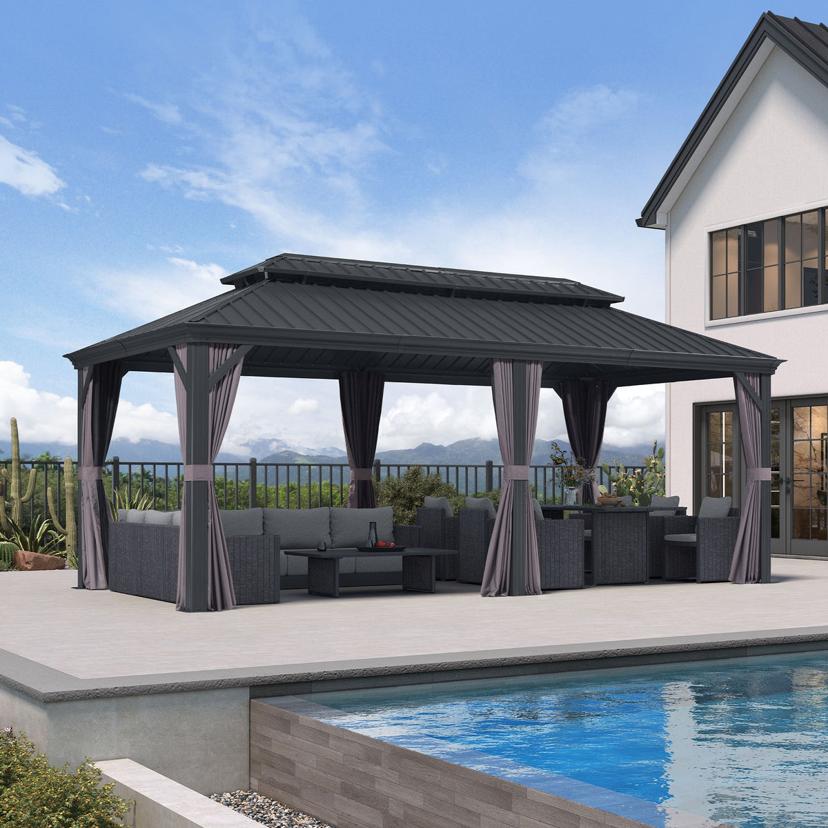 PURPLE LEAF – Pavillon de terrasse pour jardin, toit rigide gris en acier galvanisé avec rideau amélioré