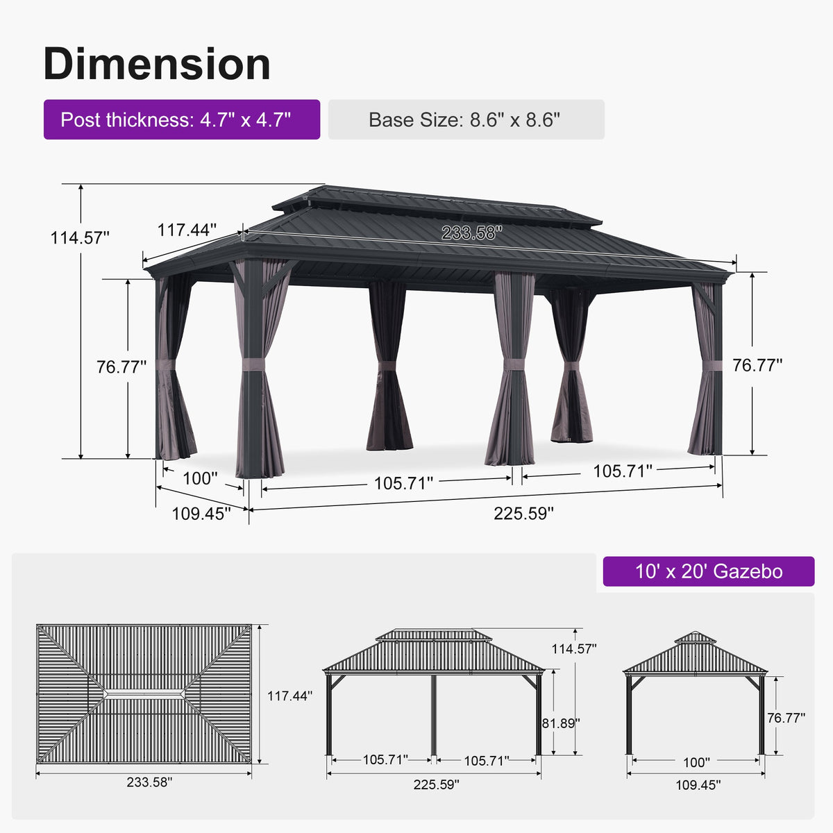 PURPLE LEAF – Pavillon de terrasse pour jardin, toit rigide gris en acier galvanisé avec rideau amélioré
