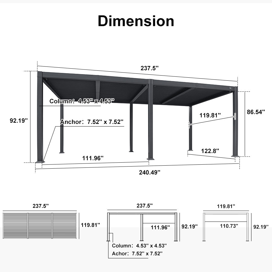 PURPLE LEAF Caesar – Pergola extérieure à lames orientables avec toit rigide réglable, gris