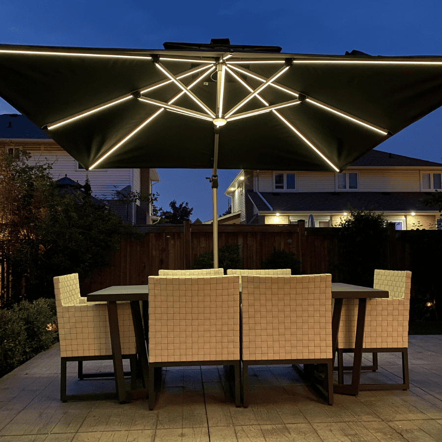 PURPLE LEAF – Grand parasol solaire carré à double toit pour terrasse avec éclairage