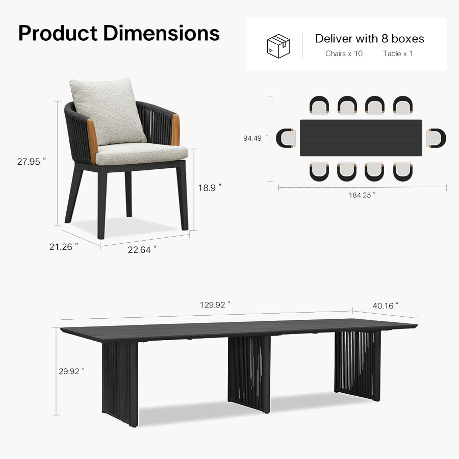 PURPLE LEAF Hailar – Ensemble repas extérieur familial avec table et chaises de terrasse en aluminium et coussins en oléfine