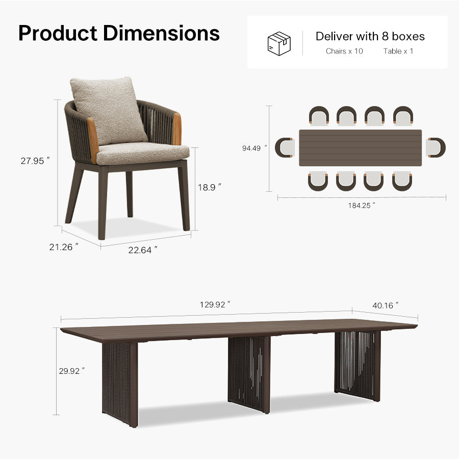 PURPLE LEAF Hailar – Ensemble repas extérieur familial avec table et chaises de terrasse en aluminium et coussins en oléfine