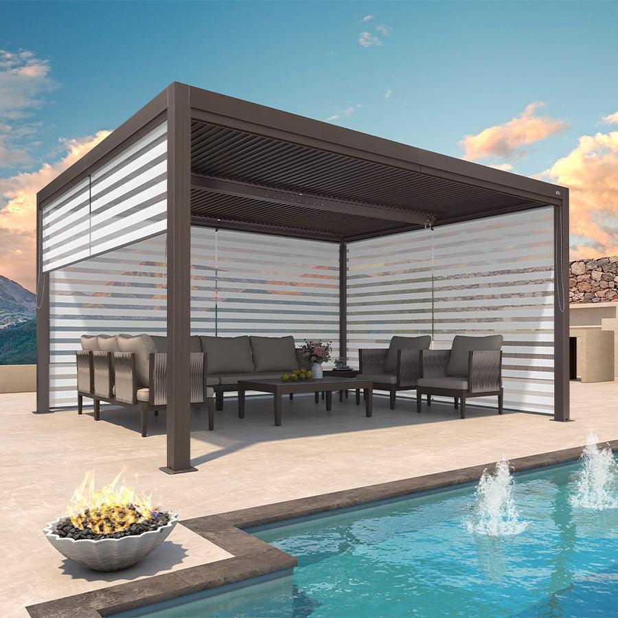 PURPLE LEAF Athena – Pergola extérieure bronze en aluminium à lames orientables avec store enrouleur et toit réglable