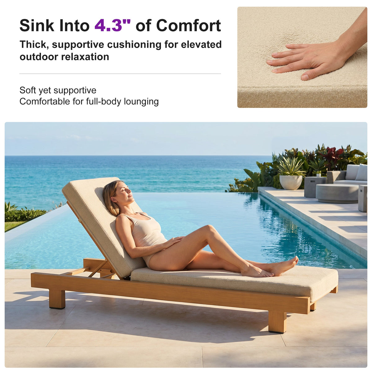 PURPLE LEAF – Lit de repos extérieur Standard avec coussin, tissu mélangé oléfine et structure en aluminium pour terrasse et piscine