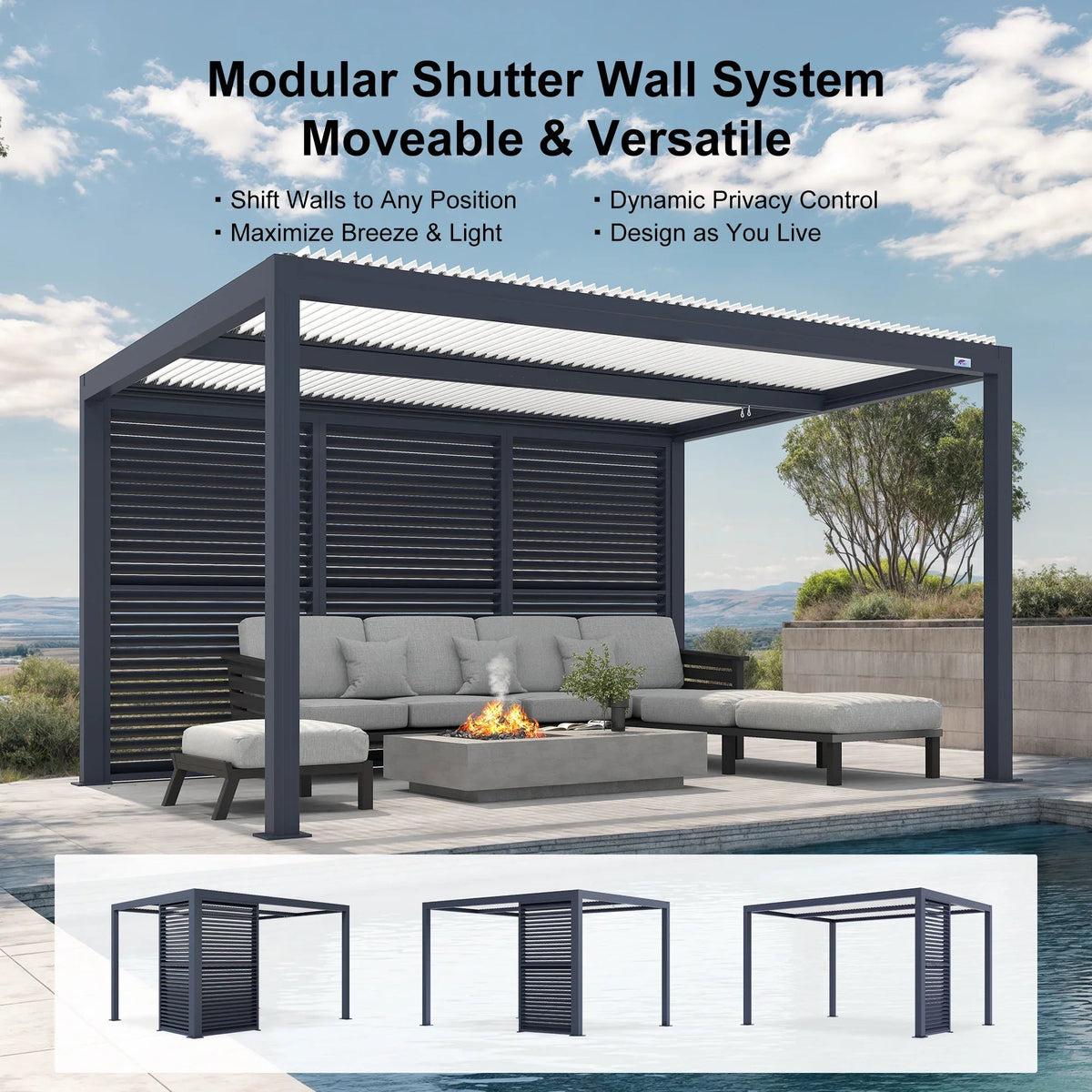 PURPLE LEAF Athena – Pergola extérieure grise en aluminium à lames orientables avec paroi à volets, réglable et étanche à la pluie