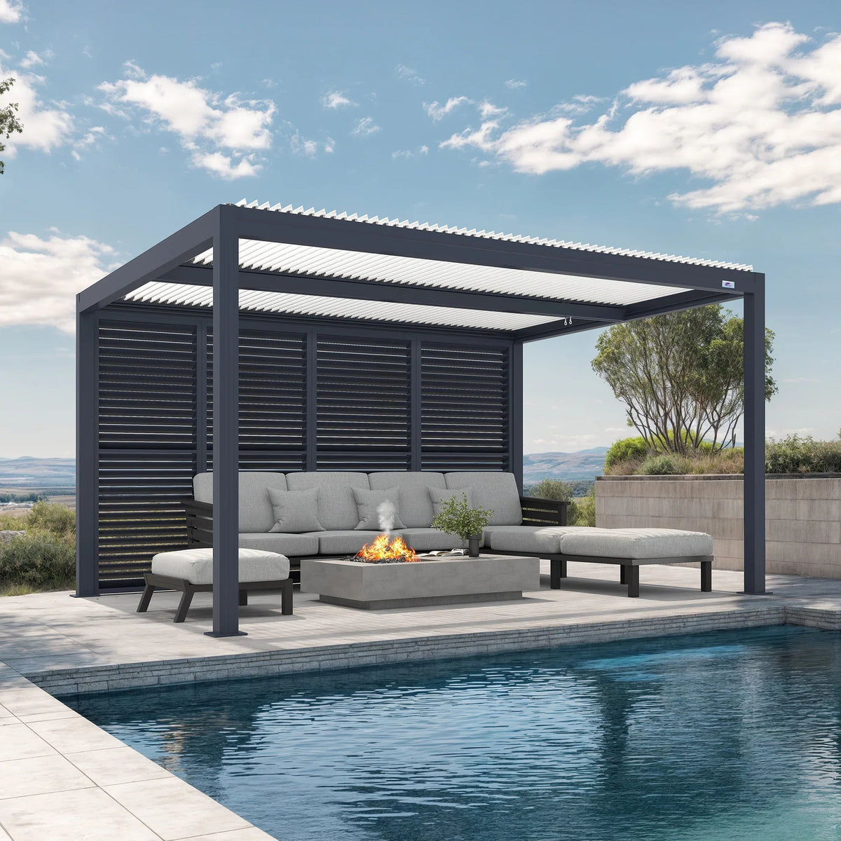 PURPLE LEAF Athena – Pergola extérieure grise en aluminium à lames orientables avec paroi à volets, réglable et étanche à la pluie