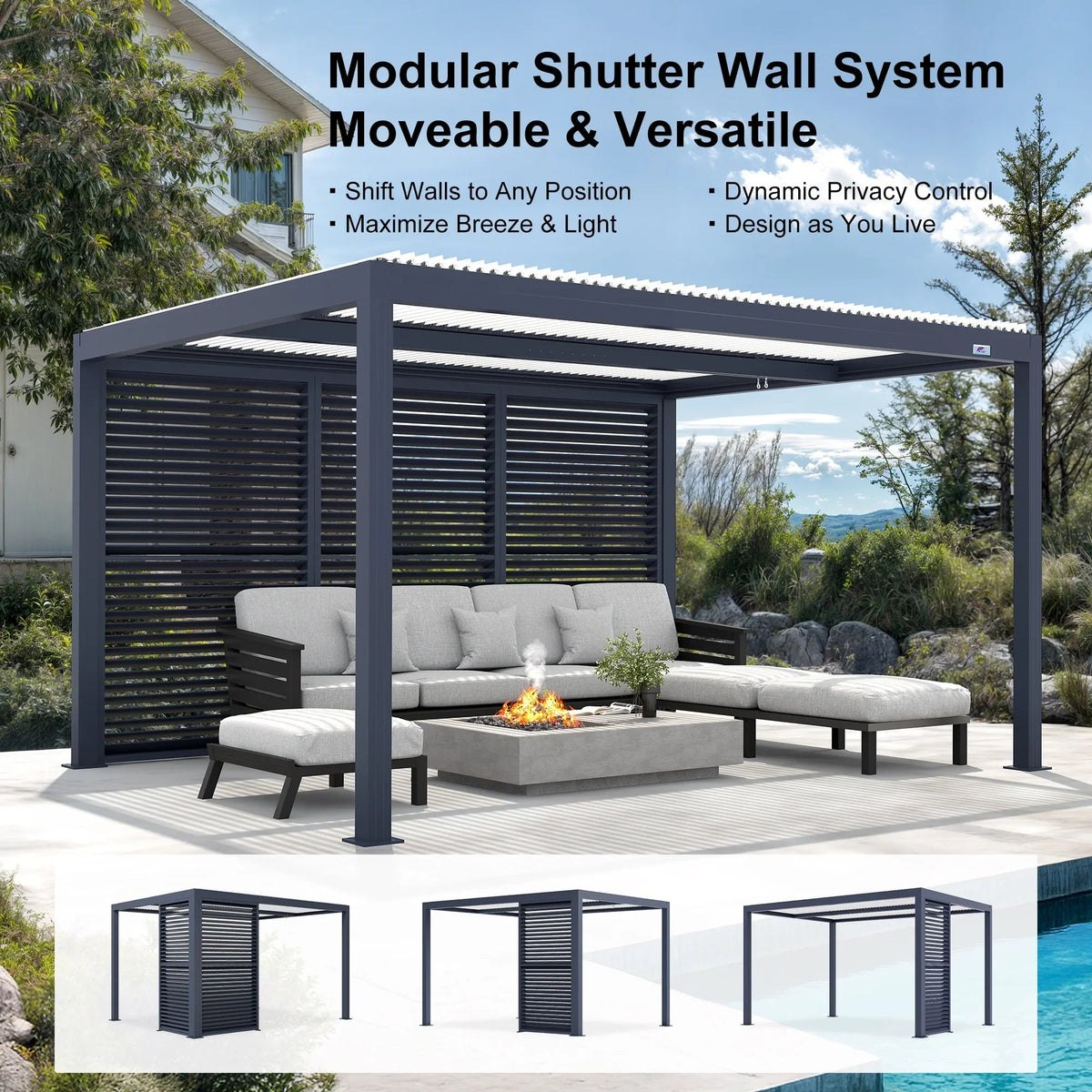 PURPLE LEAF Athena – Pergola extérieure grise en aluminium à lames orientables avec paroi à volets, réglable et étanche à la pluie