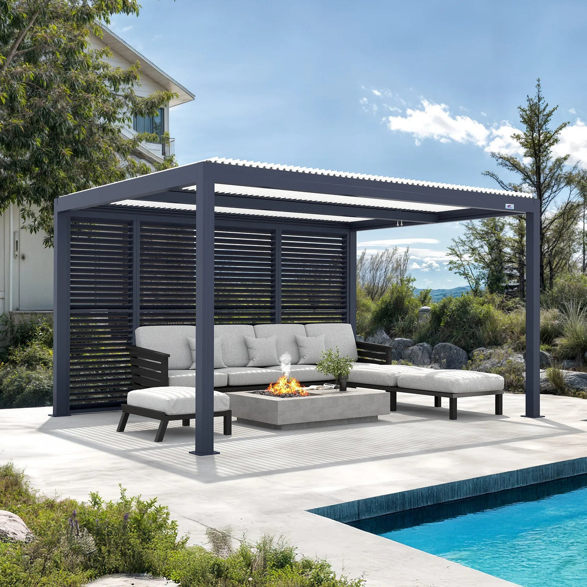 PURPLE LEAF Athena – Pergola extérieure grise en aluminium à lames orientables avec paroi à volets, réglable et étanche à la pluie