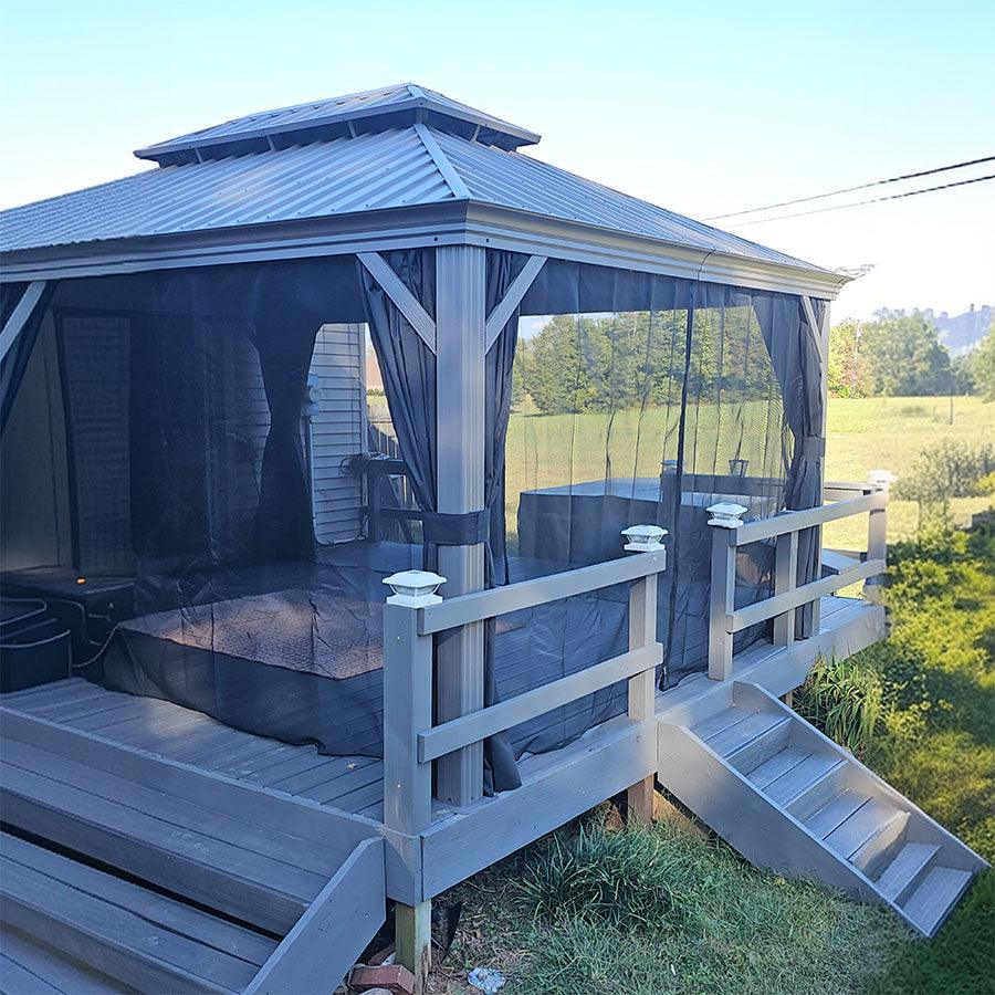 PURPLE LEAF – Pavillon de terrasse pour piscine, toit rigide gris clair en acier galvanisé avec rideaux améliorés