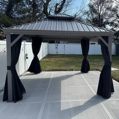 PURPLE LEAF – Pavillon de terrasse pour piscine, toit rigide gris clair en acier galvanisé avec rideaux améliorés