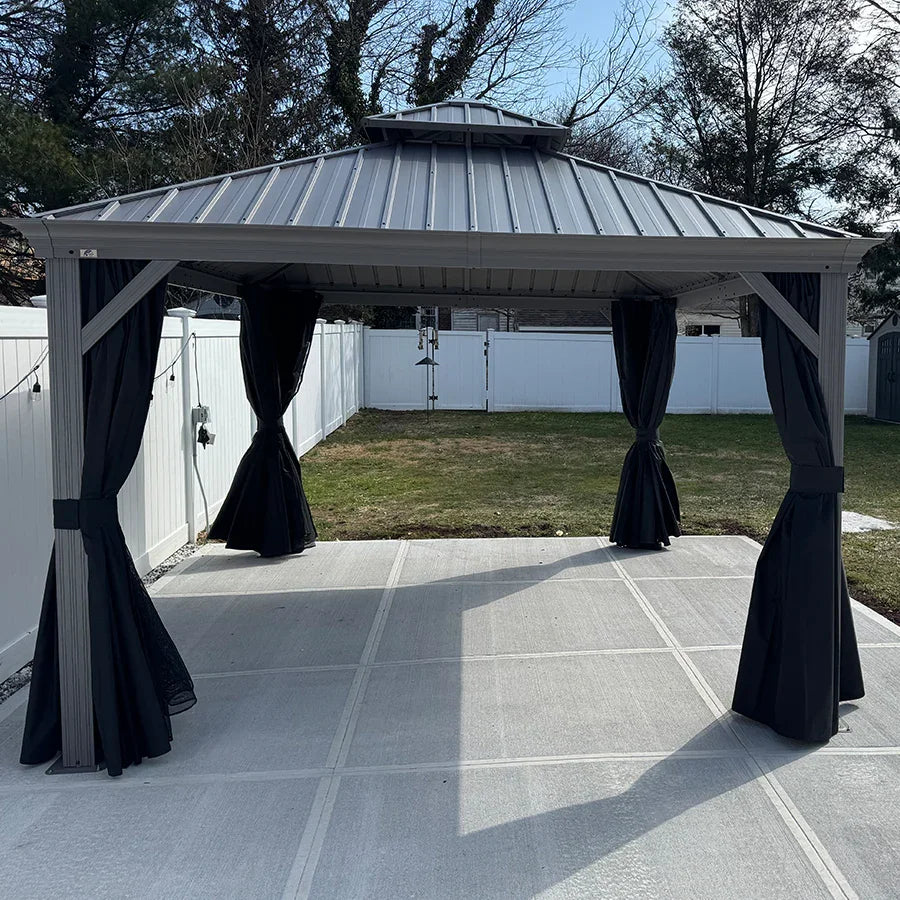 PURPLE LEAF – Pavillon de terrasse pour piscine, toit rigide gris clair en acier galvanisé avec rideaux améliorés