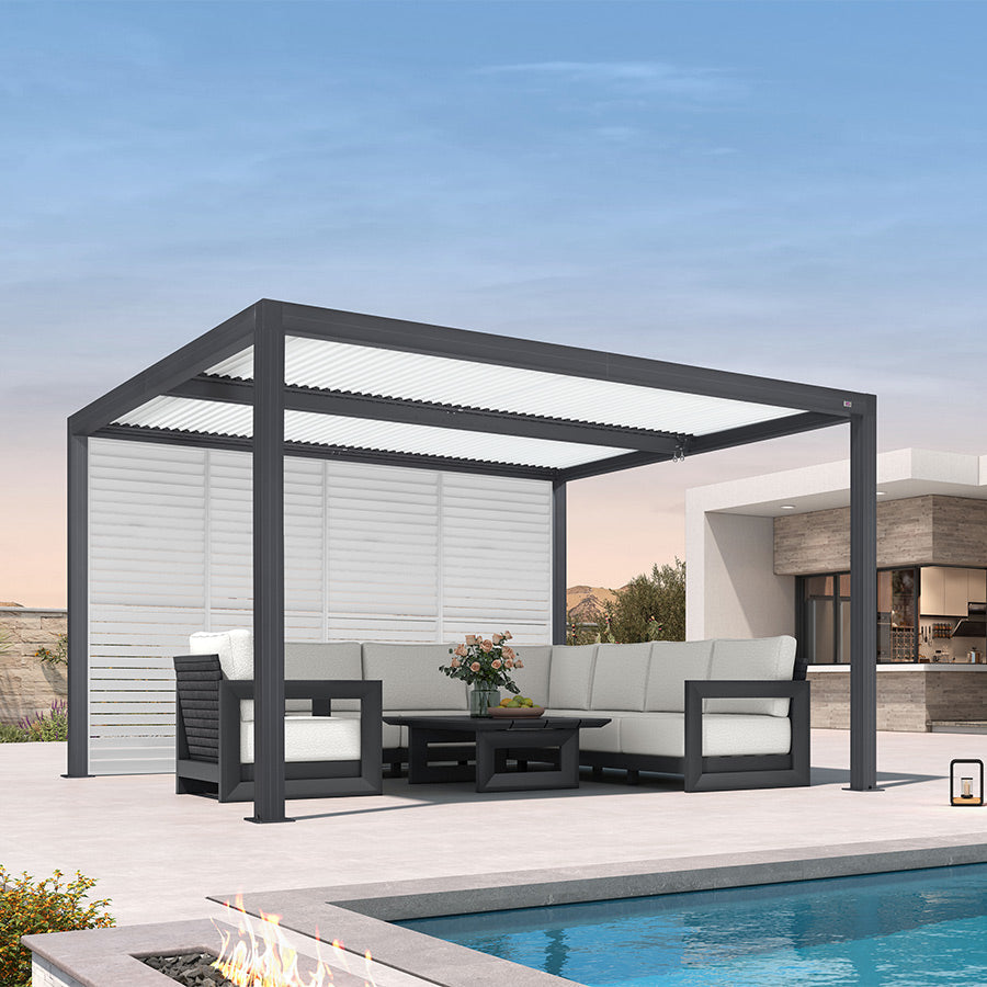 PURPLE LEAF Athena – Pergola extérieure grise en aluminium à lames orientables avec paroi à volets, réglable et étanche à la pluie