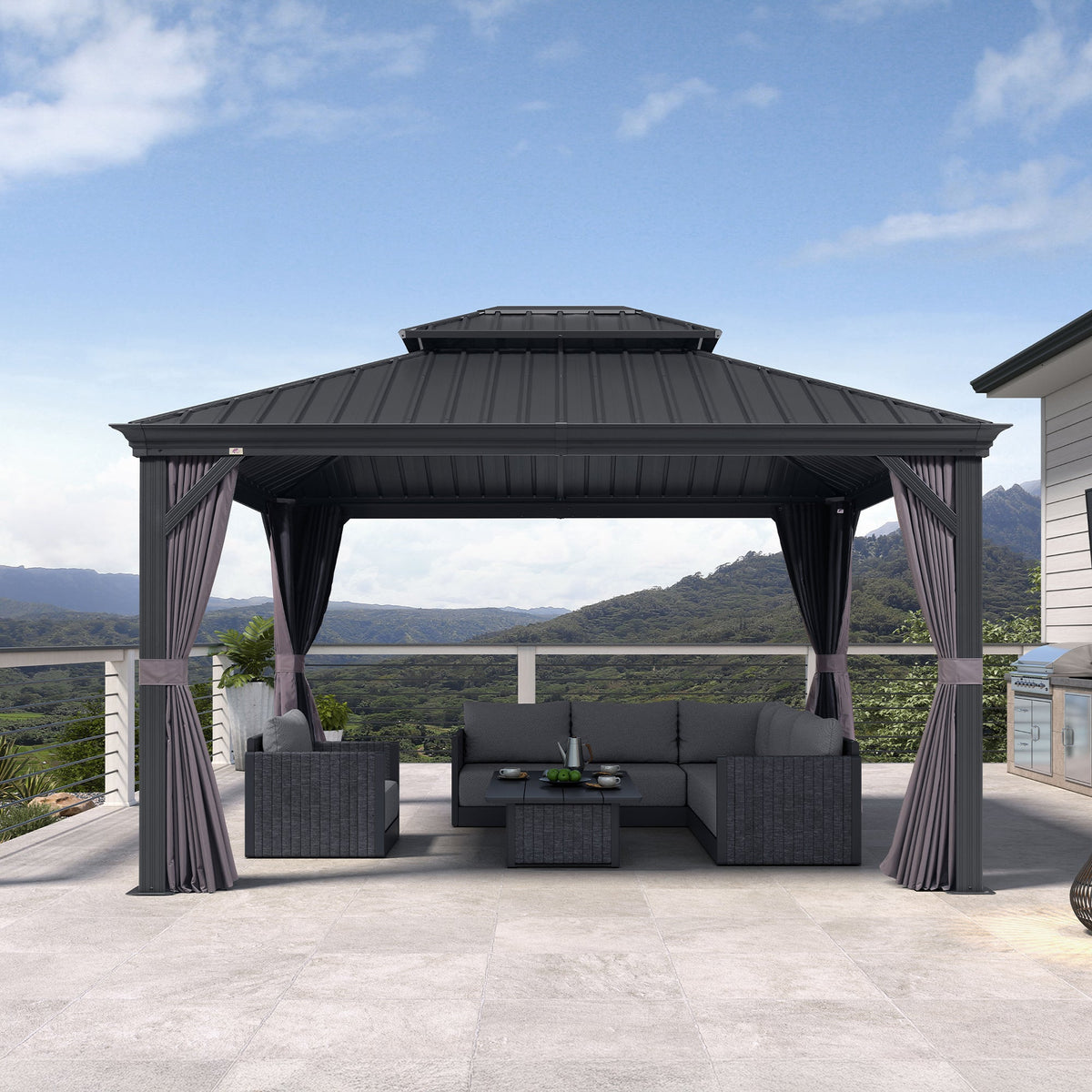 PURPLE LEAF – Pavillon de terrasse pour jardin, toit rigide gris en acier galvanisé avec rideau amélioré