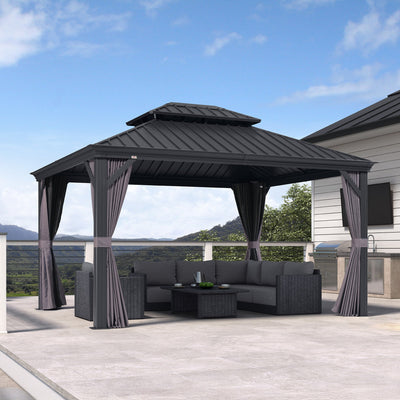 PURPLE LEAF – Pavillon de terrasse pour jardin, toit rigide gris en acier galvanisé avec rideau amélioré