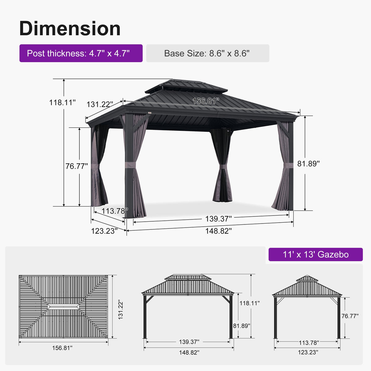 PURPLE LEAF – Pavillon de terrasse pour jardin, toit rigide gris en acier galvanisé avec rideau amélioré