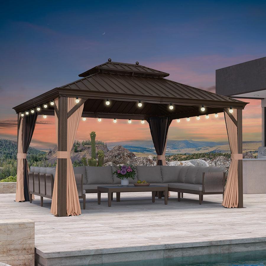 PURPLE LEAF – Pavillon extérieur à toit rigide pour jardin, double toit bronze et structure en aluminium avec guirlande lumineuse – milky