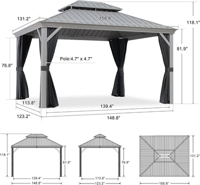 PURPLE LEAF – Pavillon de terrasse pour piscine, toit rigide gris clair en acier galvanisé avec rideaux améliorés