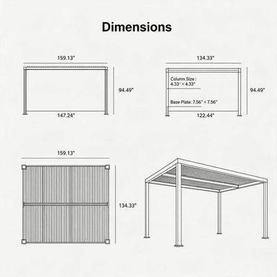 PURPLE LEAF Athena – Pergola extérieure grise en aluminium à lames orientables avec paroi à volets, réglable et étanche à la pluie
