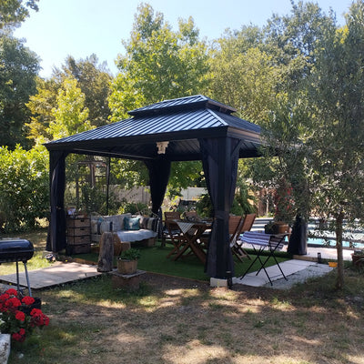 PURPLE LEAF – Pavillon de terrasse pour jardin, toit rigide gris en acier galvanisé avec rideau amélioré