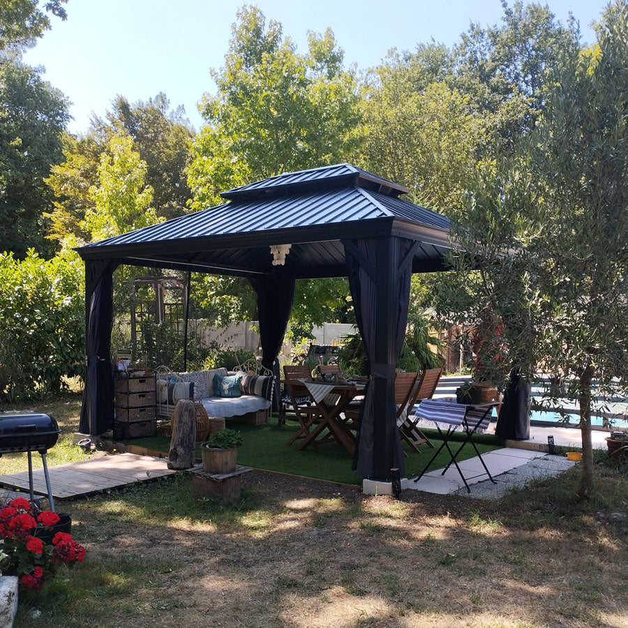 PURPLE LEAF – Pavillon de terrasse pour jardin, toit rigide gris en acier galvanisé avec rideau amélioré