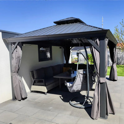 PURPLE LEAF – Pavillon de terrasse pour jardin, toit rigide gris en acier galvanisé avec rideau amélioré