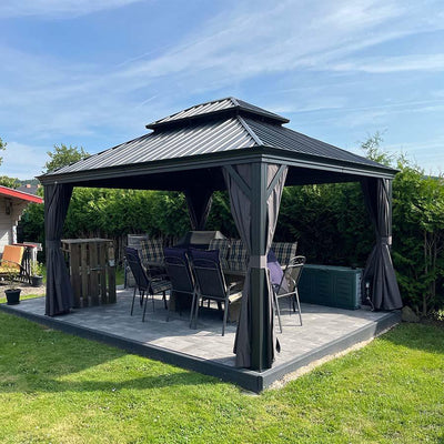 PURPLE LEAF – Pavillon de terrasse pour jardin, toit rigide gris en acier galvanisé avec rideau amélioré