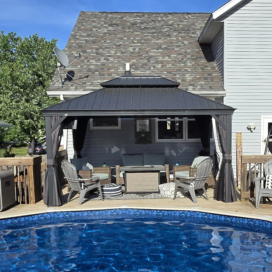 PURPLE LEAF – Pavillon de terrasse pour jardin, toit rigide gris en acier galvanisé avec rideau amélioré