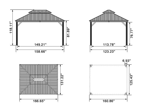 PURPLE LEAF – Pavillon de terrasse pour jardin, toit rigide gris en acier galvanisé avec rideau amélioré