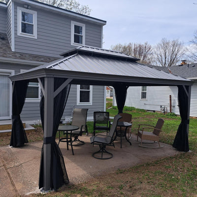 PURPLE LEAF – Pavillon de terrasse pour piscine, toit rigide gris clair en acier galvanisé avec rideaux améliorés