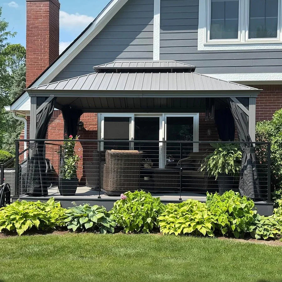 PURPLE LEAF – Pavillon de terrasse pour piscine, toit rigide gris clair en acier galvanisé avec rideaux améliorés