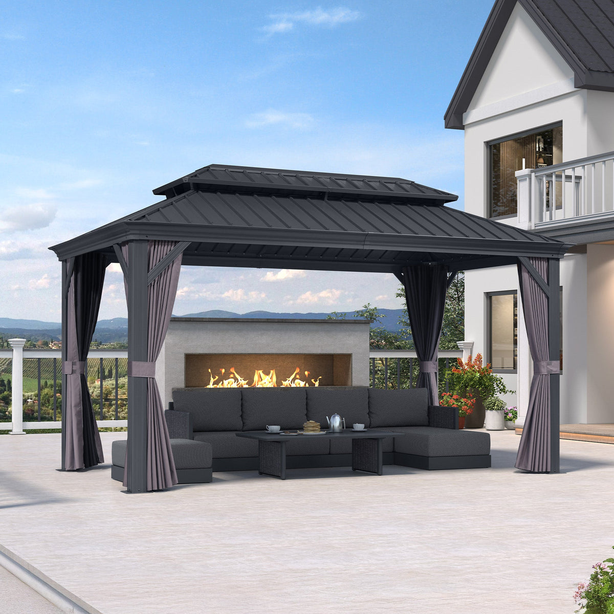 PURPLE LEAF – Pavillon de terrasse pour jardin, toit rigide gris en acier galvanisé avec rideau amélioré