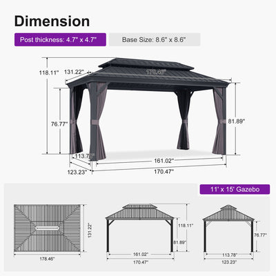 PURPLE LEAF – Pavillon de terrasse pour jardin, toit rigide gris en acier galvanisé avec rideau amélioré