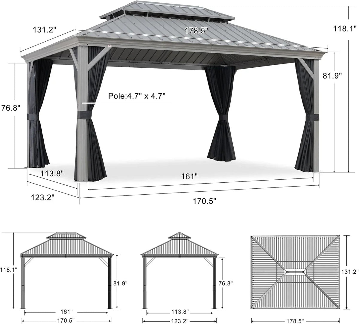 PURPLE LEAF – Pavillon de terrasse pour piscine, toit rigide gris clair en acier galvanisé avec rideaux améliorés