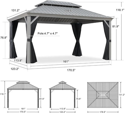 PURPLE LEAF – Pavillon de terrasse pour piscine, toit rigide gris clair en acier galvanisé avec rideaux améliorés