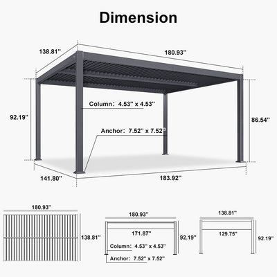 PURPLE LEAF Caesar – Pergola extérieure à lames orientables avec toit rigide réglable, gris