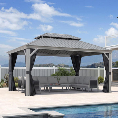 PURPLE LEAF – Pavillon de terrasse pour piscine, toit rigide gris clair en acier galvanisé avec rideaux améliorés