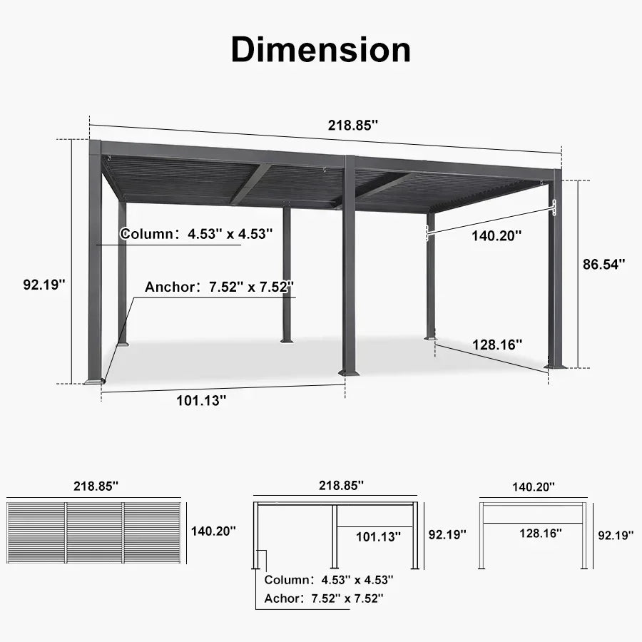 PURPLE LEAF Caesar – Pergola extérieure à lames orientables avec toit rigide réglable, gris