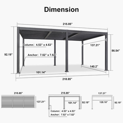 PURPLE LEAF Caesar – Pergola extérieure à lames orientables avec toit rigide réglable, gris