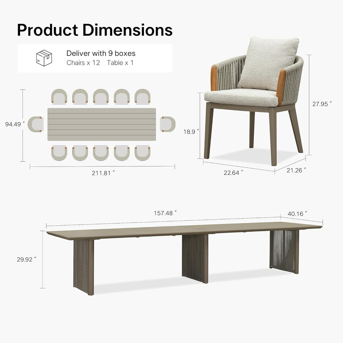 PURPLE LEAF Hailar – Ensemble repas extérieur familial avec table et chaises de terrasse en aluminium et coussins en oléfine