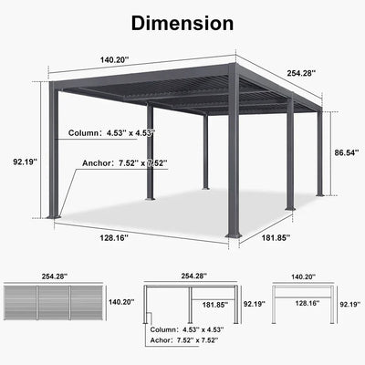 PURPLE LEAF Caesar – Pergola extérieure à lames orientables avec toit rigide réglable, gris