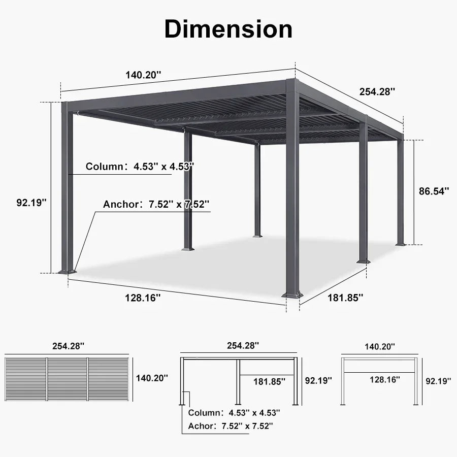 PURPLE LEAF Caesar – Pergola extérieure à lames orientables avec toit rigide réglable, gris