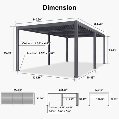 PURPLE LEAF Caesar – Pergola extérieure à lames orientables avec toit rigide réglable, gris