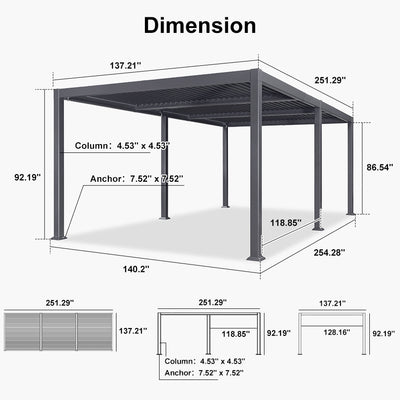 PURPLE LEAF Caesar – Pergola extérieure à lames orientables avec toit rigide réglable, gris