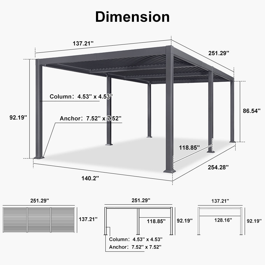 PURPLE LEAF Caesar – Pergola extérieure à lames orientables avec toit rigide réglable, gris