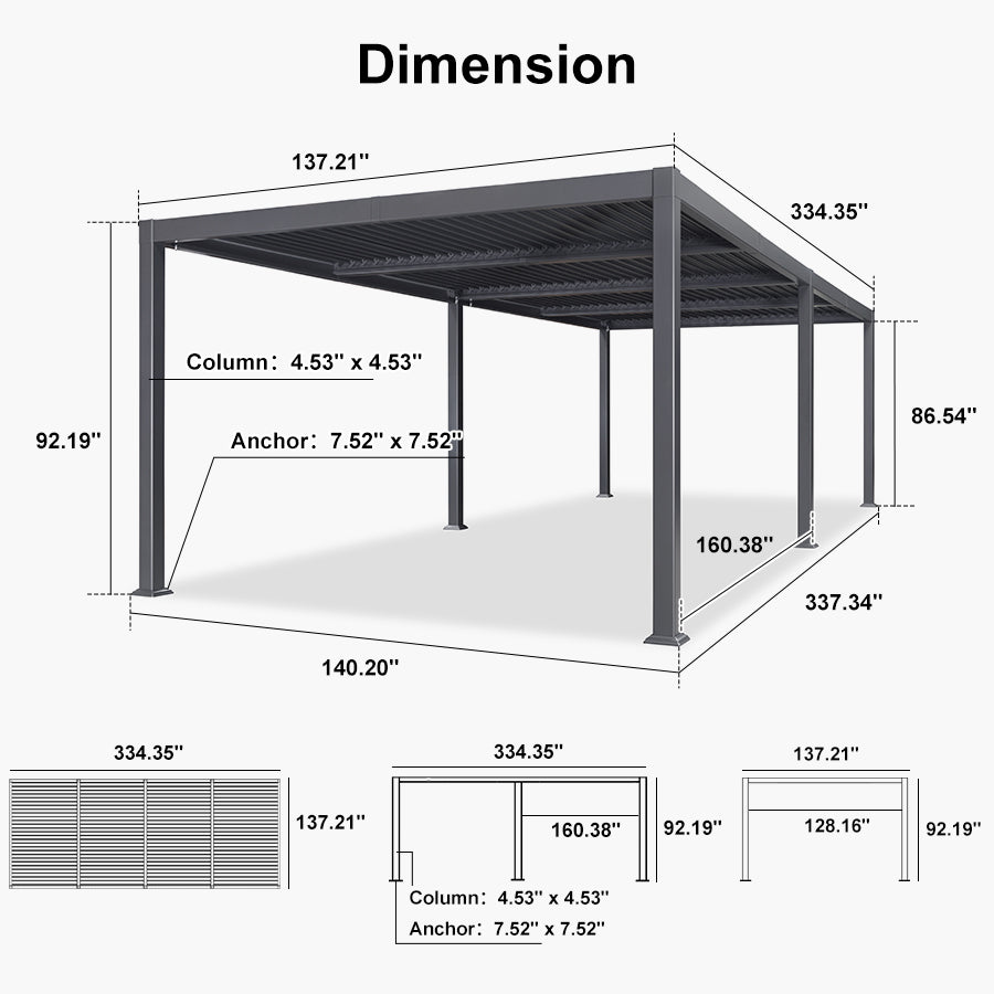 PURPLE LEAF Caesar – Pergola extérieure à lames orientables avec toit rigide réglable, gris