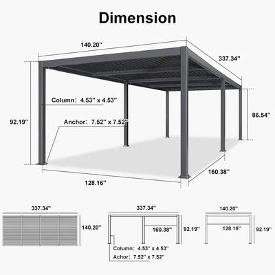 PURPLE LEAF Caesar – Pergola extérieure à lames orientables avec toit rigide réglable, gris
