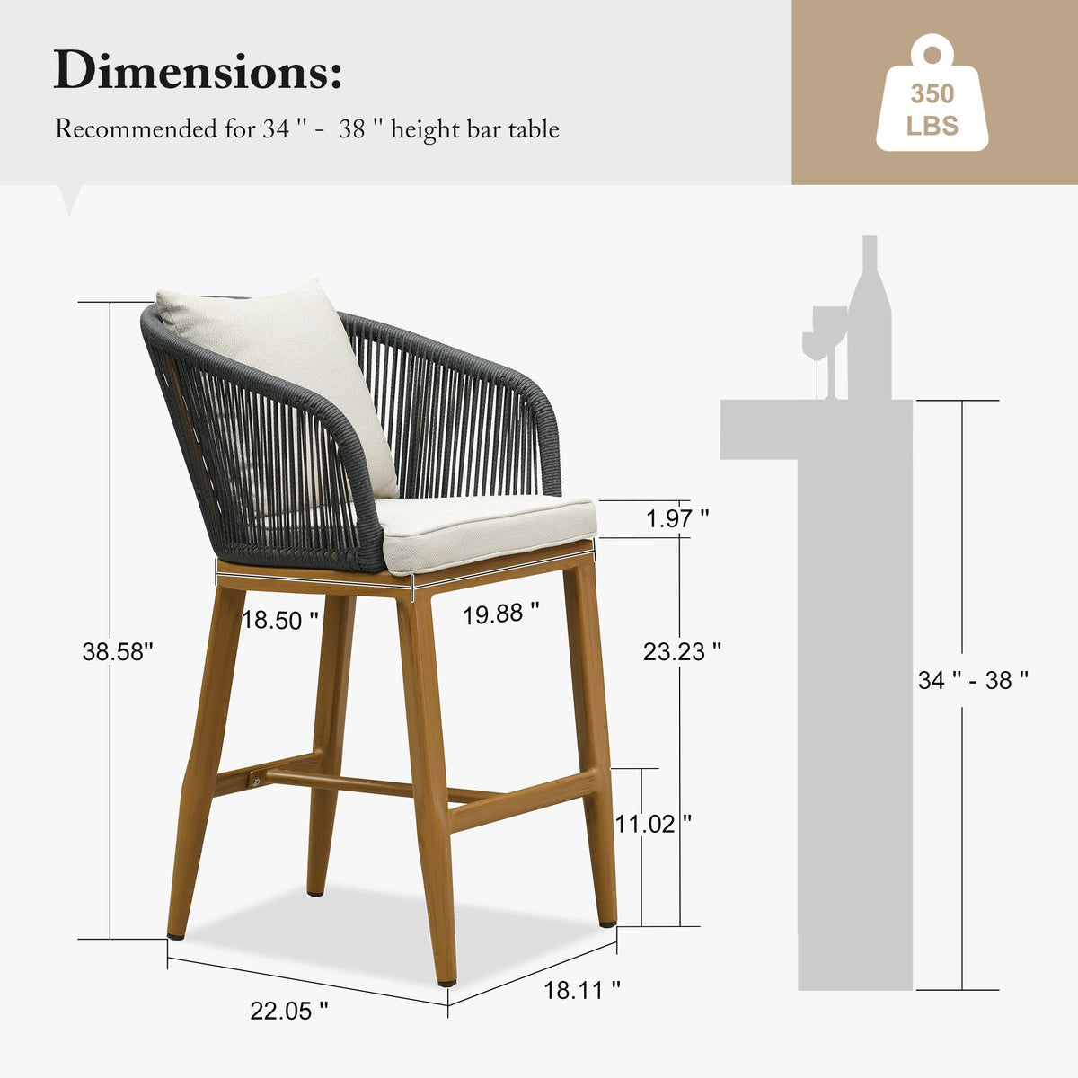 PURPLE LEAF – Tabourets de bar modernes extérieurs en aluminium et rotin avec dossier haut, accoudoirs, coussins et oreillers amovibles