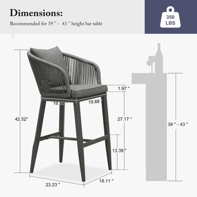 PURPLE LEAF – Tabourets de bar modernes extérieurs en aluminium et rotin avec dossier haut, accoudoirs, coussins et oreillers amovibles
